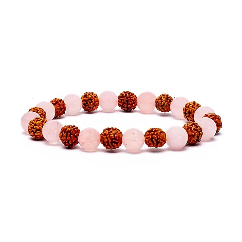 Braccialetto elastico in Quarzo Rosa e Semi di Rudraksha