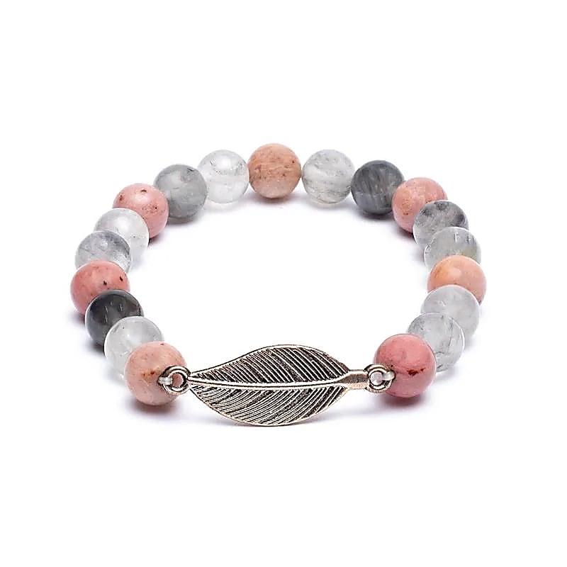 Braccialetto elastico in Quarzo Grigio e Rodonite con Piuma