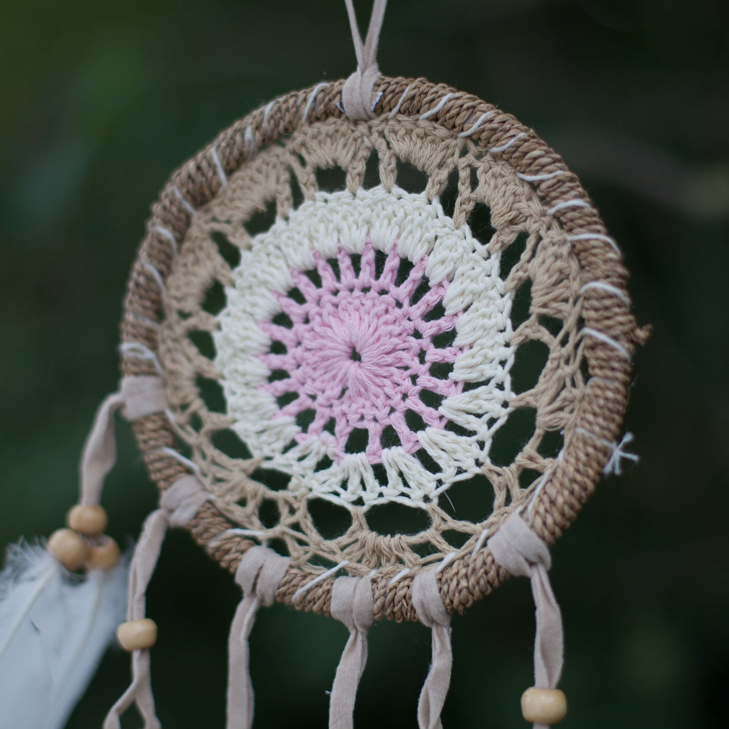 Acchiappasogni in Rattan e Cotone - Rosa Pastello