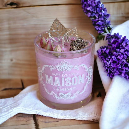 Candela in bicchiere vintage con ciondoli - Lillà e Violetta